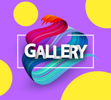 Beyaz bir çerçeve ve spektrum fırça darbesi mor arka plan üzerinde Galeri poster. Renkli gradyan fırçası tasarım. Vektör kağıt çizim.