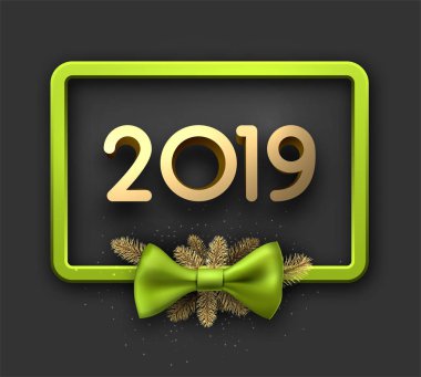 Gri parlak 2019 yeni yıl arka plan ile yeşil 3d çerçeve, çam dalları ve güzel saten yay. Noel tebrik kartı. Vektör çizim