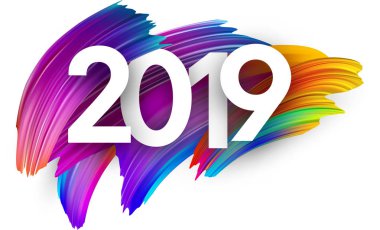 Beyaz 2019 yeni yıl arka plan spektrum fırça darbeleriyle. Renkli gradyan fırçası tasarım. Tebrik kartı veya poster şablonu. Vektör kağıt çizim