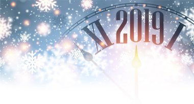 Mavi parlak bokeh 2019 yeni yıl arka plan ile saat ve kar. Vektör çizim
