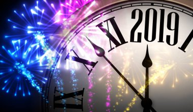 Saat ve renkli havai fişek ile parlak 2019 yeni yıl arka plan. Vektör çizim