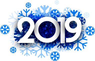 Kış 2019 yeni yıl işareti ile beyaz zemin üzerine mavi güzel kar taneleri. Mevsimlik kartı veya poster şablonu. Vektör kağıt çizim.