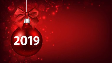 Kırmızı parlak 2019 yeni yıl arka plan ile Noel top ve güzel saten yay. Tebrik kartı veya festival dekorasyon. Vektör çizim