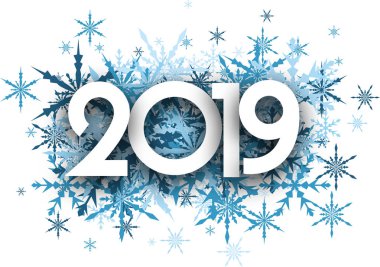 Kış 2019 yeni yıl işareti ile beyaz zemin üzerine mavi güzel kar taneleri. Mevsimlik kartı veya poster şablonu. Vektör kağıt çizim.