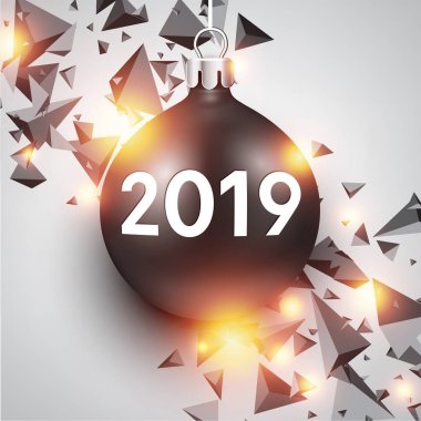 Beyaz parlak 2019 yeni yıl arka plan siyah Noel top ve soyut geometrik desenli. Tebrik kartı veya poster şablonu. Vektör çizim