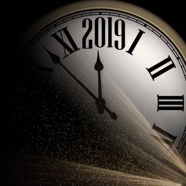 Siyah ve altın parlak 2019 yeni yıl arka plan ile yuvarlak masa saati. Güzel Noel tebrik kartı veya dekorasyon. Vektör çizim.