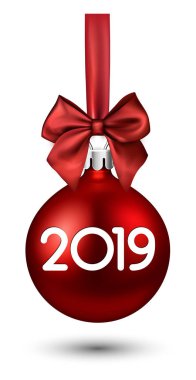 2019 yeni yıl kartı kırmızı ile 3d Noel top ve güzel saten yay üzerinde izole beyaz arka plan. Tebrik kartı veya festival dekorasyon. Vektör çizim