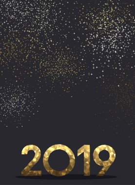 Altın gradyan mozaik rakamları ile gri 2019 yeni yıl arka plan. Noel tebrik kartı veya poster şablonu. Vektör çizim.