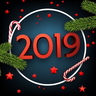 Mavi 2019 mutlu yeni yıl beyaz yuvarlak kare, çam dalları, şeker kamışı ve yıldız ile 3d arka plan. Noel tebrik kartı veya poster. Vektör çizim
