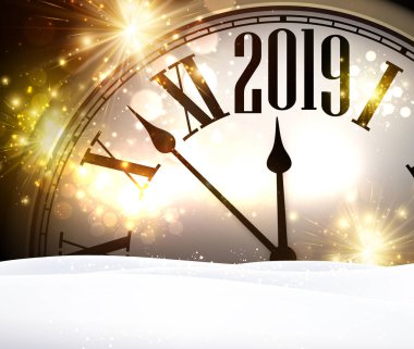 Saat ve kar ile parlak 2019 yeni yıl arka plan. Vektör çizim.