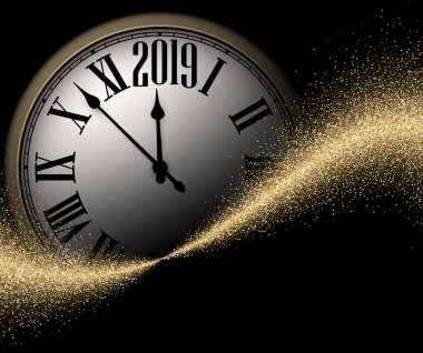 Siyah ve altın parlak 2019 yeni yıl arka plan ile yuvarlak masa saati. Güzel Noel tebrik kartı veya dekorasyon. Vektör çizim