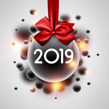 Beyaz parlak 2019 yeni yıl arka plan şeffaf Noel top, soyut kabarcıklar desen ve kırmızı saten yayla. Tebrik kartı veya poster şablonu. Vektör çizim