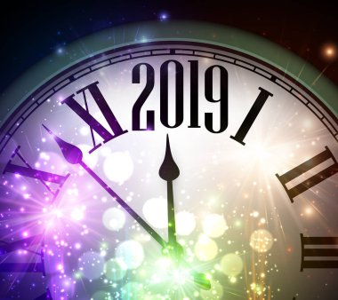 Saat ve renkli ışıklar parlak 2019 yeni yıl arka plan. Vektör çizim