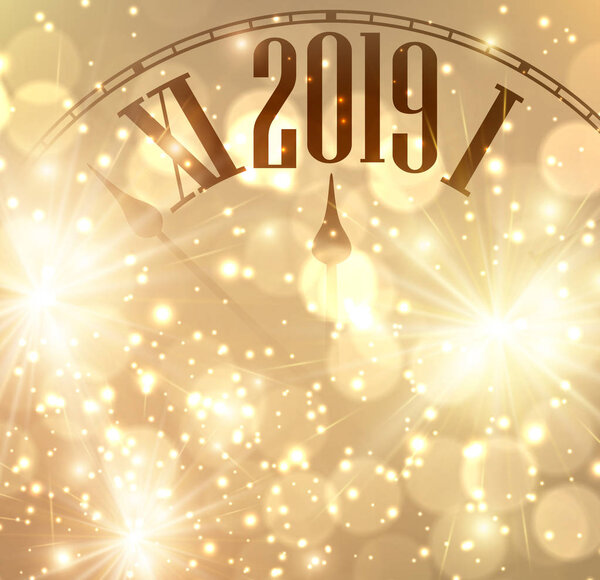 Golden shining 2019 New Year background with clock. Vector illustration.