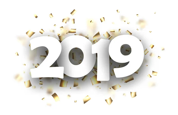 Wit 2019 Nieuwjaar Achtergrond Met Gold Papier Confetti Vectorillustratie — Stockvector