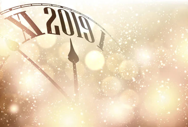 Gold Glänzende Bokeh 2019 Neujahrshintergrund Mit Uhr Schöne Weihnachtsgrußkarte Vektorillustration — Stockvektor