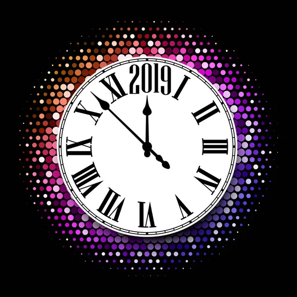 Nowy Rok Czarny Pop Artu 2019 Tło Biały Okrągły Zegar — Wektor stockowy