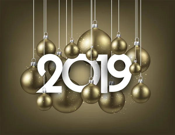 Oro 2019 Año Nuevo Fondo Con Bolas Navidad Decoración Festiva — Vector de stock
