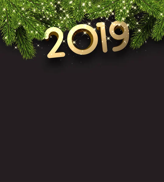 Fondo Año Nuevo 2019 Negro Con Ramas Abeto Brillante Figuras — Vector de stock