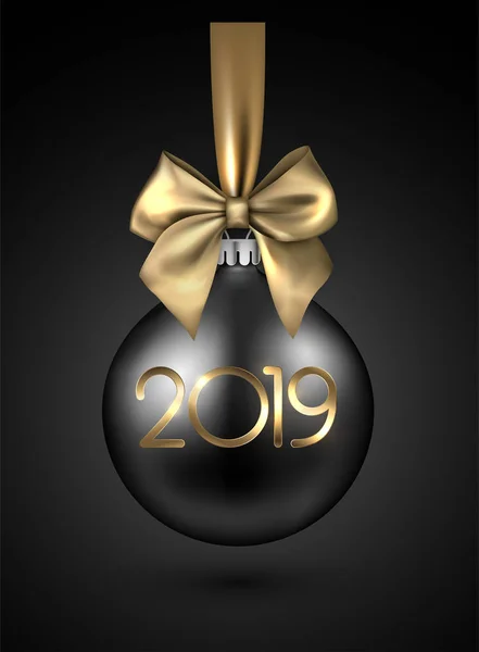 Fondo Año Nuevo Negro 2019 Con Bola Navidad Hermoso Lazo — Vector de stock