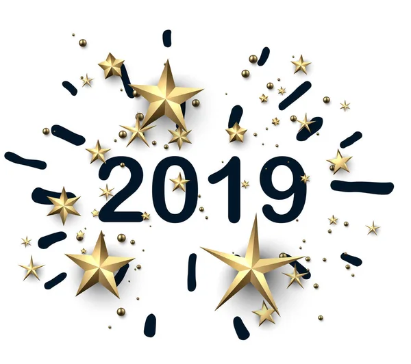 Wit 2019 Nieuwjaar Achtergrond Met Prachtige Gouden Sterren Christmas Wenskaart — Stockvector