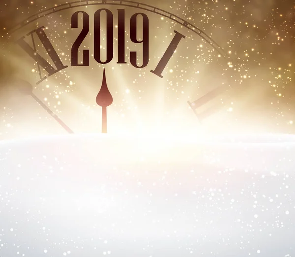 Gold Shiny 2019 New Year Background Blurred Clock Snow Beautiful — Stock Vector