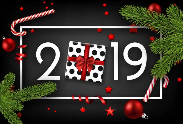 Zwarte 2019 Gelukkig Nieuwjaar Achtergrond Met Witte Frame Bovenaanzicht Cadeau — Stockvector