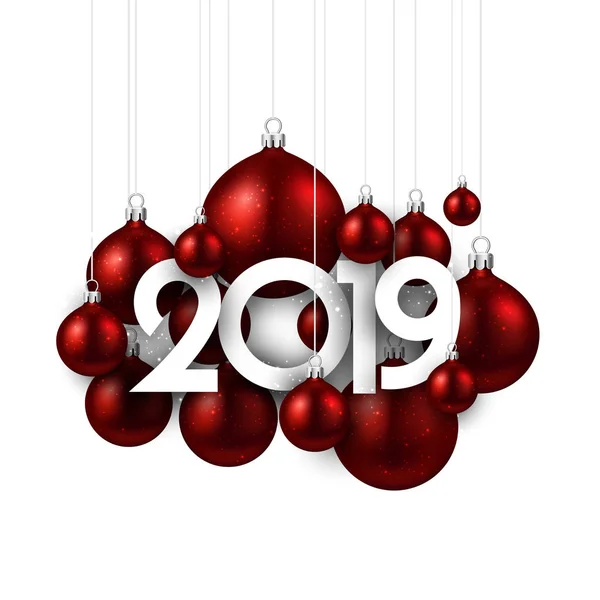 Fondo Año Nuevo Blanco 2019 Con Bolas Navidad Rojas Decoración — Vector de stock