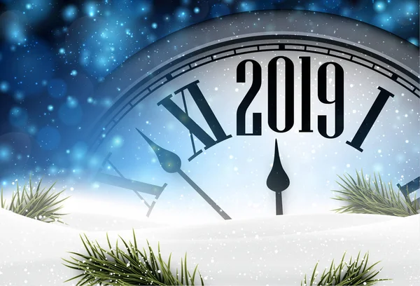 Saat, çam dalları ve kar ile mavi 2019 yeni yıl arka plan. Vektör çizim.