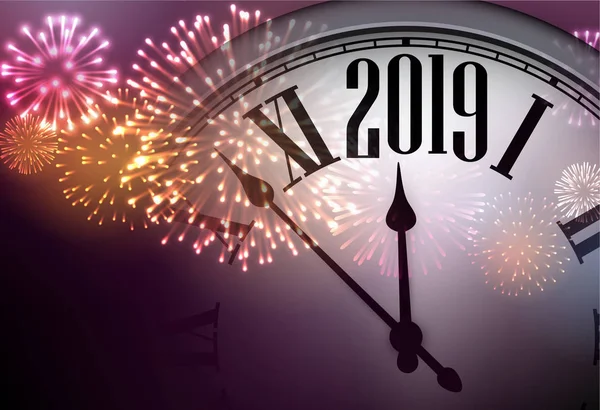 2019 yeni yıl arka plan ile saat ve renkli havai fişek. Vektör çizim