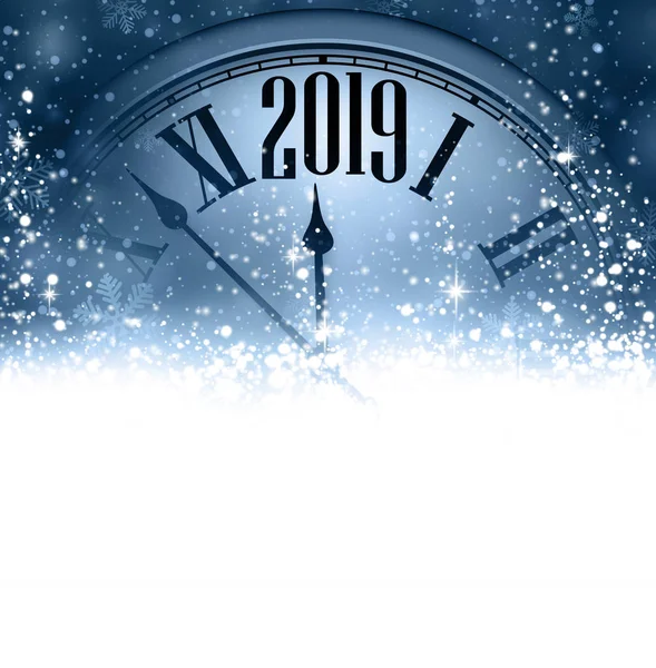 2019 Niebieski Nowy Rok Tło Zegarem Płatki Śniegu Piękne Świąteczne — Wektor stockowy