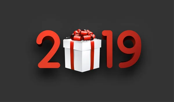Grey 2019 Nieuwjaar Achtergrond Met Rode Cijfers Doos Van Gift — Stockvector