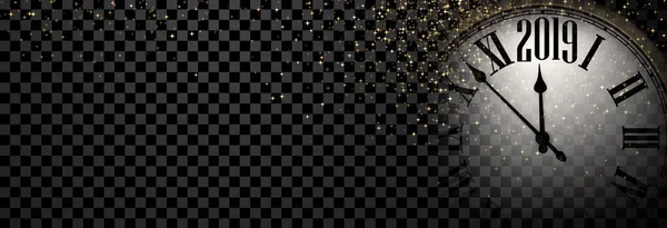 黒とゴールド光沢のある 2019年新年透明とバナーぼやけ丸い時計 ベクトル図 — ストックベクタ