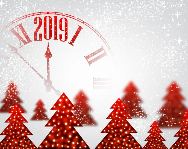 Branco Brilhante 2019 Fundo Ano Novo Com Relógio Vermelho Árvores — Vetor de Stock