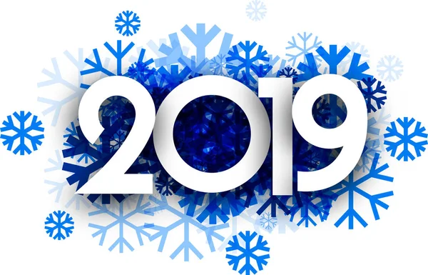 Kış 2019 yeni yıl işareti ile beyaz zemin üzerine mavi güzel kar taneleri. Mevsimlik kartı veya poster şablonu. Vektör kağıt çizim.
