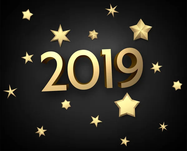 Zwarte 2019 Nieuwjaar Achtergrond Met Prachtige Gouden Sterren Christmas Wenskaart — Stockvector