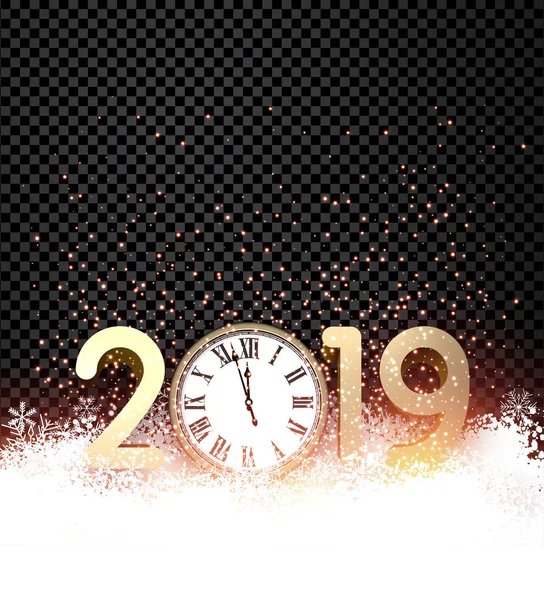 Black transparent shiny 2019 New Year background with gold figures, round clock and snow. Greeting card or decoration template. Vector illustration