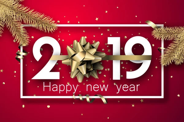 Červená 2019 Šťastný Nový Rok Pozadí Bílý Rámeček Krásný Zlatý — Stockový vektor