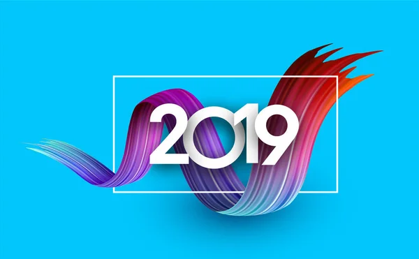 Blauer Neujahrshintergrund 2019 Mit Weißem Rahmen Und Spektrum Pinselstrich Farbenfrohe — Stockvektor