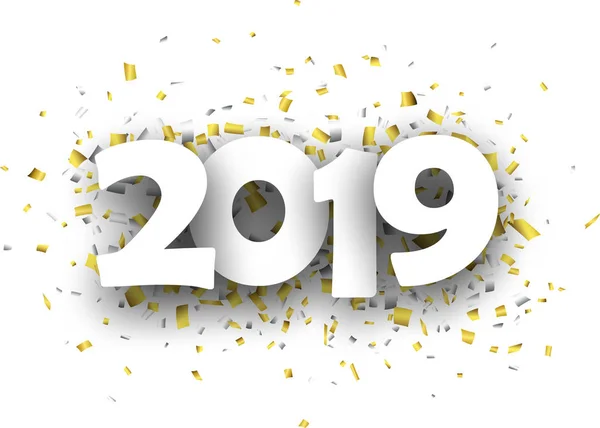 Wit 2019 Nieuwjaar Achtergrond Met Goud Zilver Papier Confetti Vectorillustratie — Stockvector