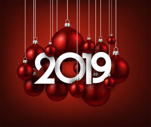 Fondo Rojo Año Nuevo 2019 Con Bolas Navidad Decoración Festiva — Vector de stock