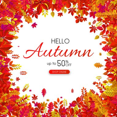 Sonbahar % 50 satış, kare promo kart kırmızı yaprakları ile