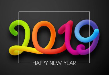 Gri mutlu yeni yıl 2019 kartı renkli neon rakamları ile