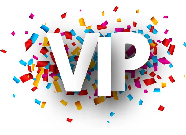 Vip Signe Avec Confettis Papier Coloré Isolé Sur Fond Blanc — Image vectorielle