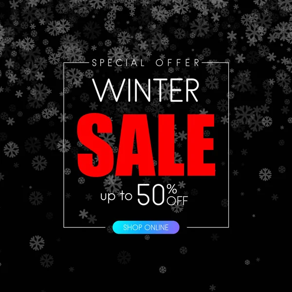 Zwarte Winter Korting Promo Poster Met Sneeuwvlokken Verkoop Speciale Aanbieding — Stockvector