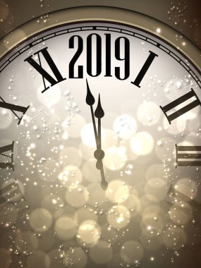 Yeni yıl 2019 bokeh kartı ile altın saat. Vektör bokeh arka plan