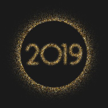 Altın 2019 yeni yıl işareti gri arka plan üzerinde yuvarlak. Vektör kartı.