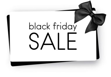 Siyah Cuma satışı. Hediye kartı kağıt şablonu saten yay ile. Vektör 