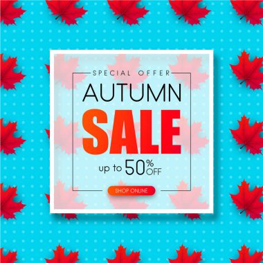 Sonbahar Satılık. Terfi kartı kırmızı akçaağaç ile desen bırakır. Online alışveriş. Vektör 
