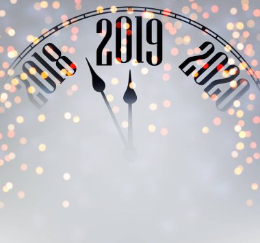 Bulanık parlak yeni yıl 2019 kartı ile masa saati. 